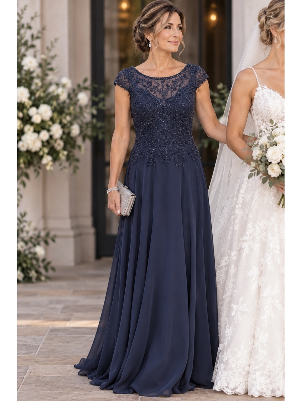 M238 Elegant Navy Blue Evening Gown with Lace and Beaded Details Size 14